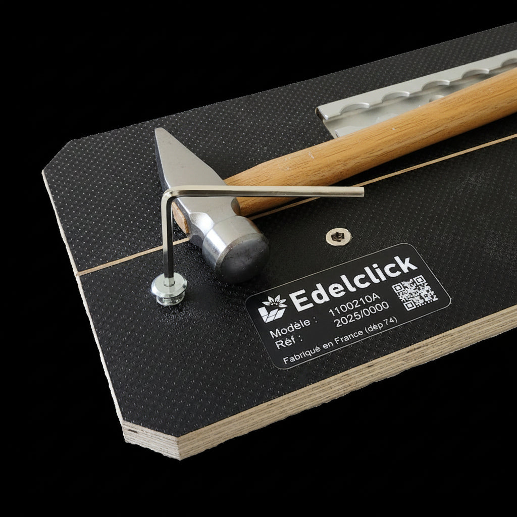 Une portion de plancher antidérapant avec un marteau et divers types de fixations, pour montrer les avantages technique et la robustesse de ce type de matériaux utilisé dans nos produit